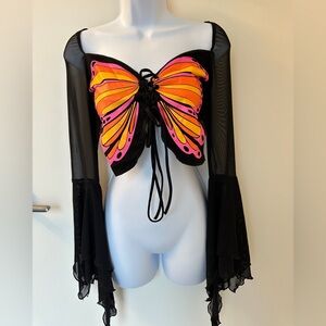 Current Mood Vibrant Butterfly Blouse with Black Sheer Sleeves
